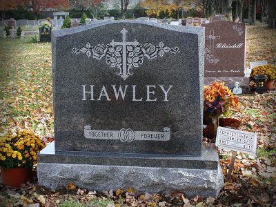 Gray Granite Upright Monument Hawley Memorial Together Forever with Wedding Band Carving