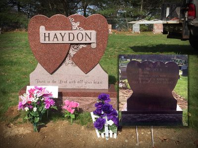 Red Granite Upright Monument of Two Hearts with Scroll Ribbon Panel Haydon Memorial