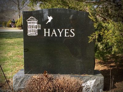 Black Granite Upright Monument Hayes Memorial Bird Cage Carving with White Lithochrome