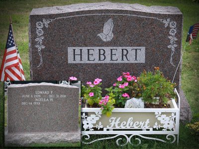 Dakota Mahogany Granite Upright Monument Hebert Memorial with Praying Hands Carving
