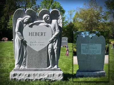 Barre Gray Granite Upright Monument of twin Angel Sculptures Embracing Heart for Hebert Memorial