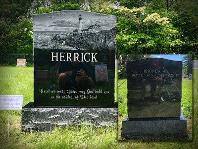 American Black Granite Upright Monument Herrick Memorial with Detailed Laser Etching of Beach and Lighthouse
