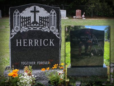 American Black Granite Upright Monument Herrick Memorial Together Forever with Gates to Heaven Carving