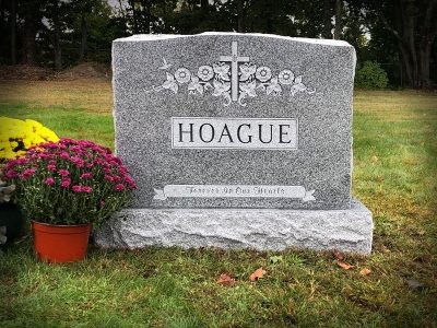 Barre Gray Granite Upright Monument Hoague Memorial Forever In Our Hearts with Forget Me Not Flower Carving