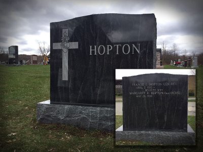 American Black Granite Upright Monument Hopton Memorial with Cross and Heart Carving