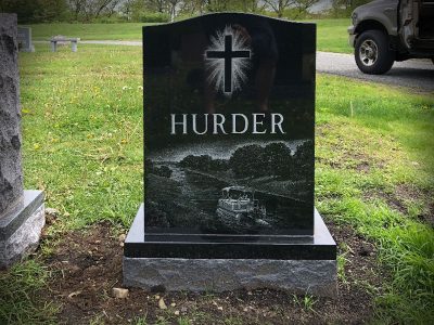 Black Granite Upright Monument Hurder Memorial with Etching of Boat and Cross