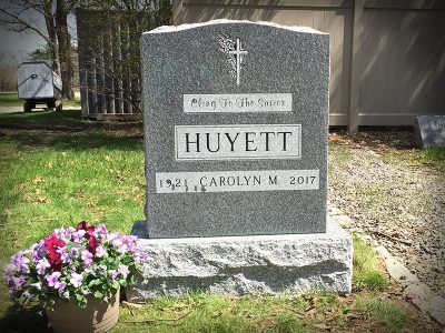 Barre Gray Granite Upright Monument Huyett Memorial with Religious Carvings and Verse