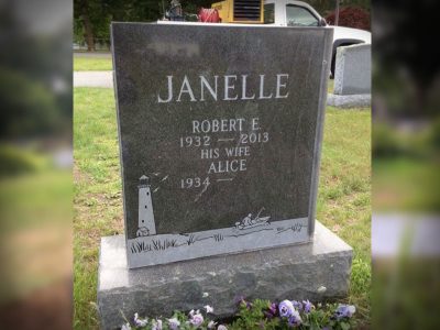 Gray Granite Upright Monument Janelle Memorial with Lighthouse Carving