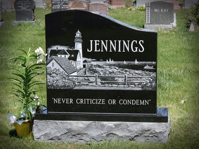 Black Granite Upright Monument Jennings Memorial with Wave Top and Landscape Beach Etching with Lighthouse