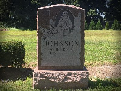North American Pink Granite Upright Monument Johnson Memorial with Religious Carving