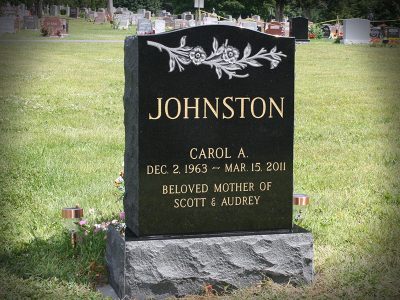 Black Granite Upright Monument Johnston Memorial with Gold Lithochrome
