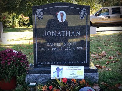 Black Granite Upright Monument Jonathan Memorial with Porcelain Portrait and Symmetrical Basketball Carving