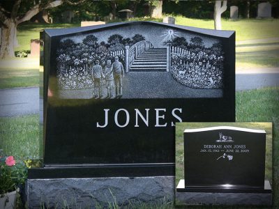 Black Granite Upright Monument Jones Memorial with Detailed Etching of Stairs to Heaven