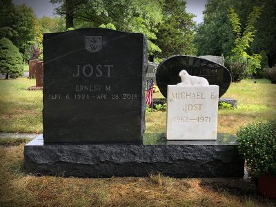 American Black Granite Upright Headstone Jost Family with Marble Memorial adjacent