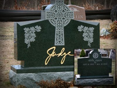 Oliver Green Granite Upright Monument Judge Memorial with Gold Lithochrome and Celtic Cross Sculpture