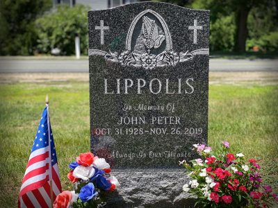 Gray Granite Upright Monument Lippolis Memorial Praying Hands with Rosary Carving Always In Our Hearts