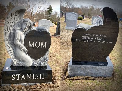 Black Granite Upright Monument of Angel Sculpture holding Heart Stanish Memorial