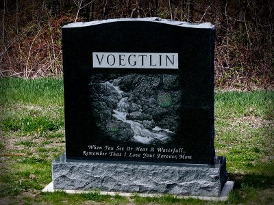 Polished Black Granite Upright Memorial Panel Border Voegtlin Monument Colorful Lithochrome Waterfall Scene