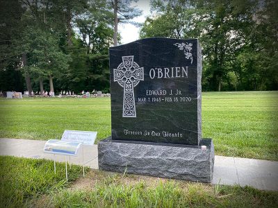 American Black Granite Upright Monument OBrien Memorial Forever In Our Hearts Celtic Cross Carving