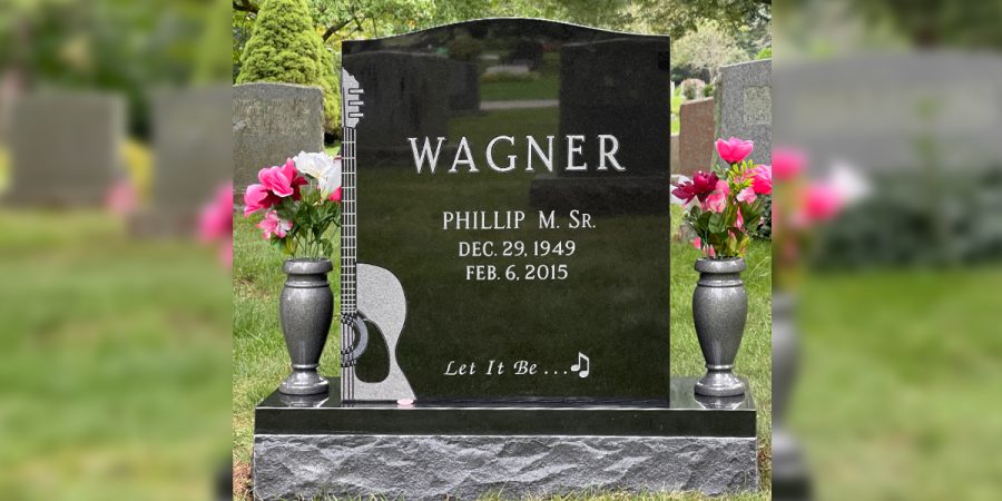 Polished Black Granite Upright Monument Wagner Family Tribute Detailed Custom Guitar Carving Let It Be Verse Flower Vase for Headstone Base
