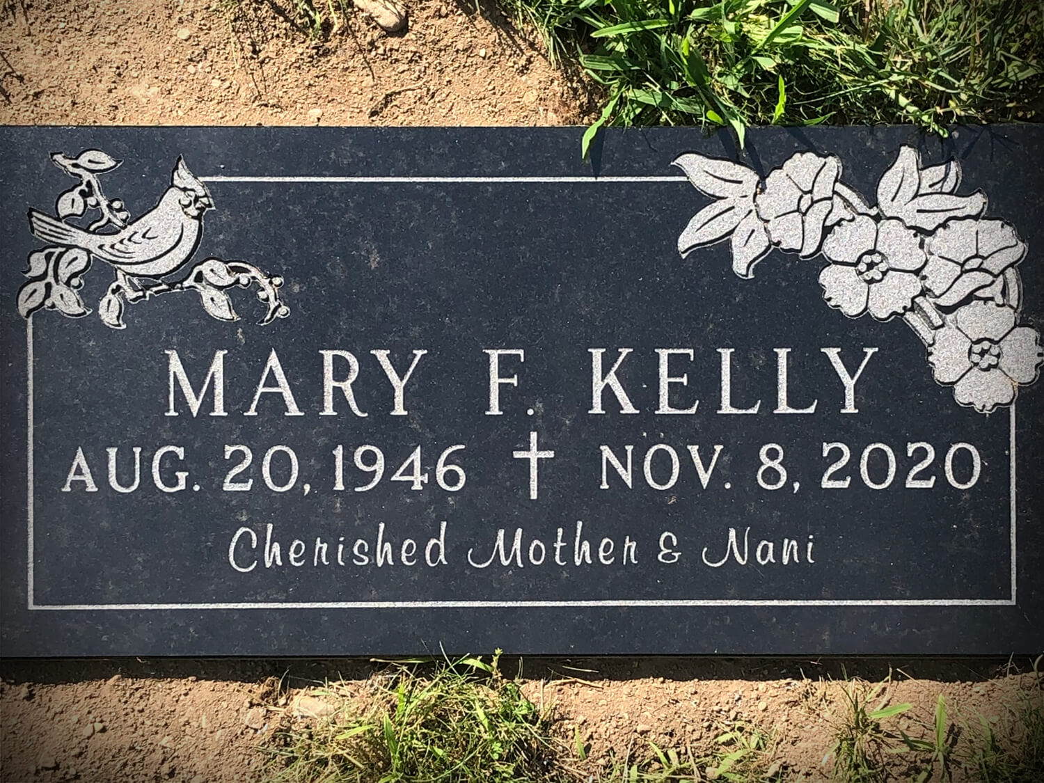 Polished Black Granite Flat Marker Kelly Tribute Cardinal and Flower Carvings