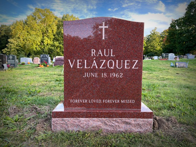 Red Granite Upright Monument Velazquez Memorial Forever Loved Forever Missed Roman Cross Carving